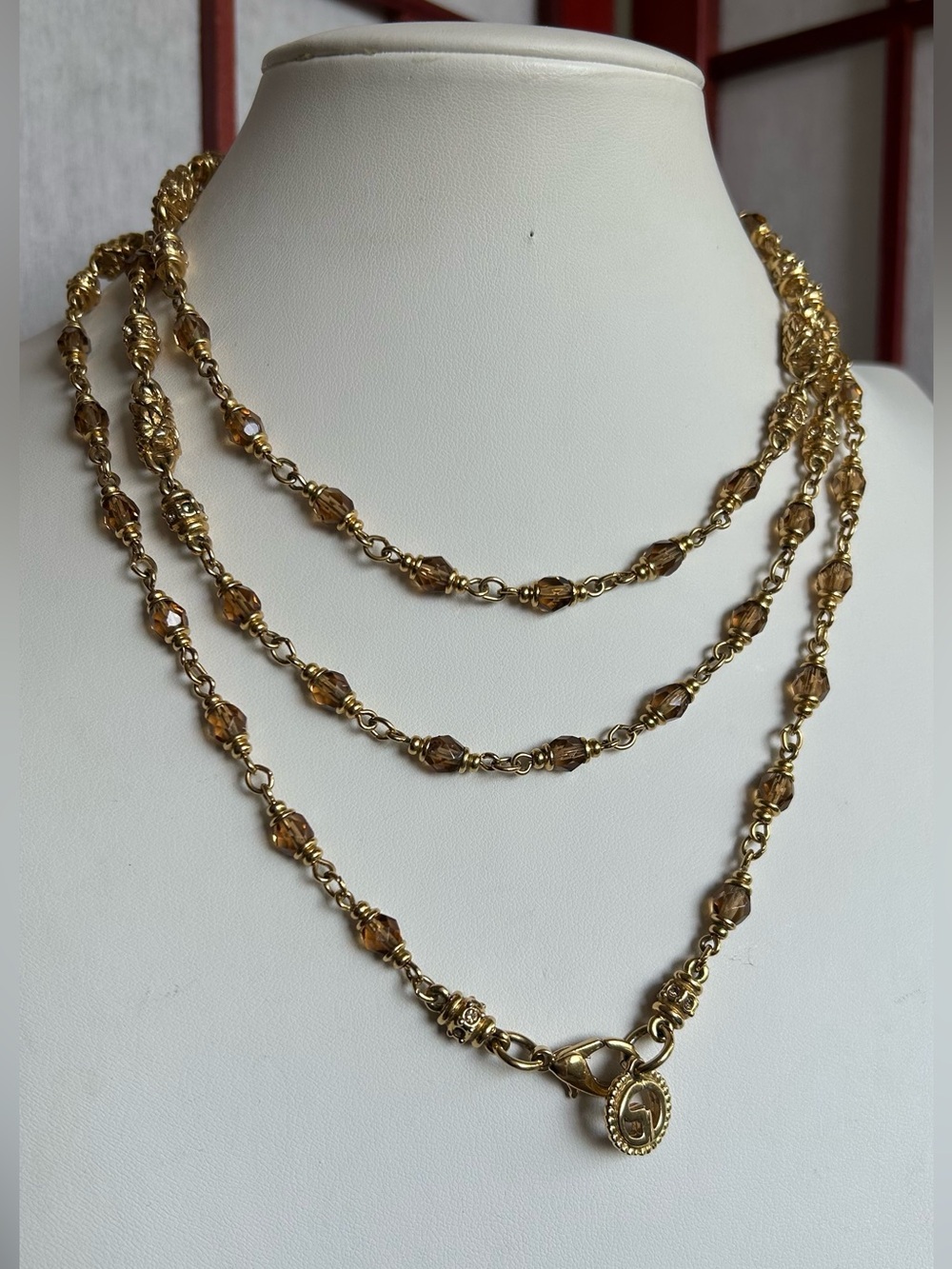 STJOHN Signed Long Gold Classic Necklace With Rhinestones/Smoky Glass Beads